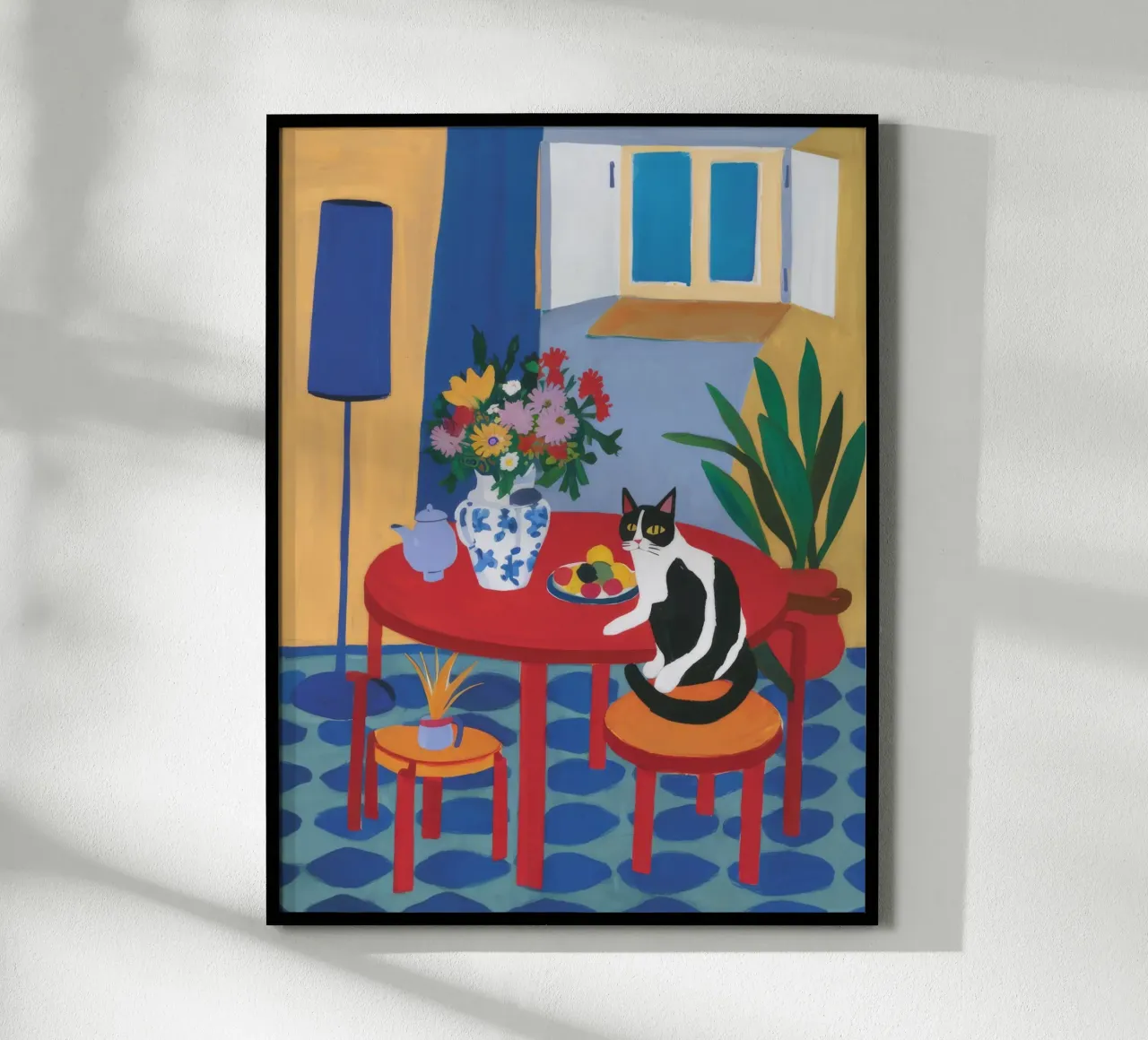 Vaso blu Sedia rossa poster con telaio in alluminio da FadeAura