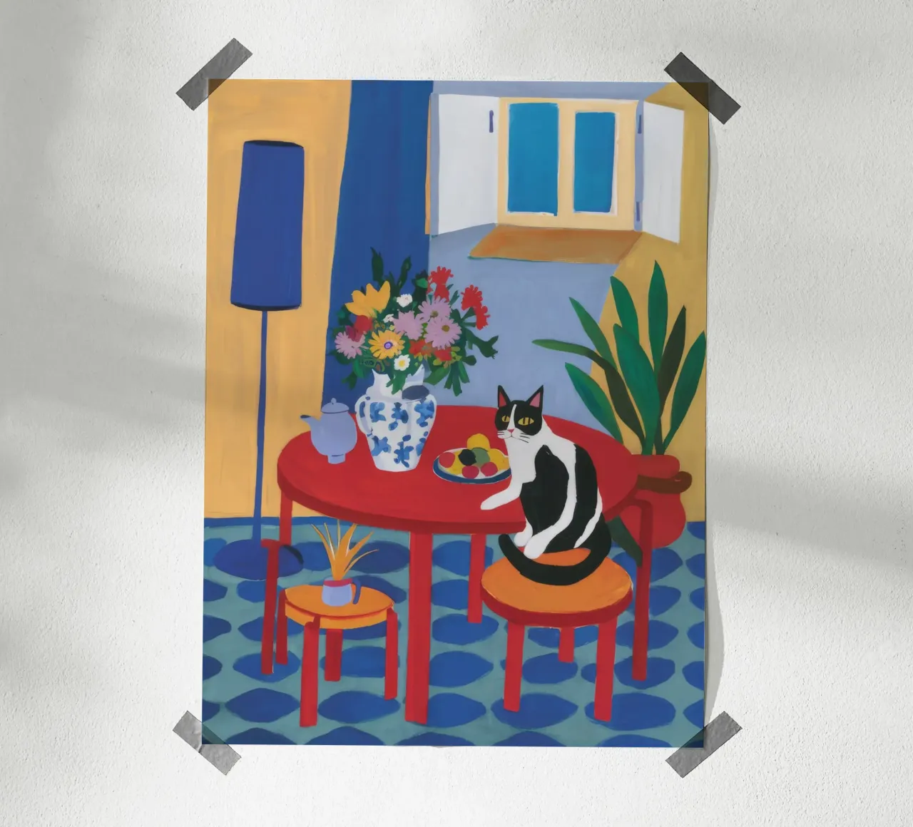 Vaso blu Sedia rossa poster con telaio in alluminio da FadeAura