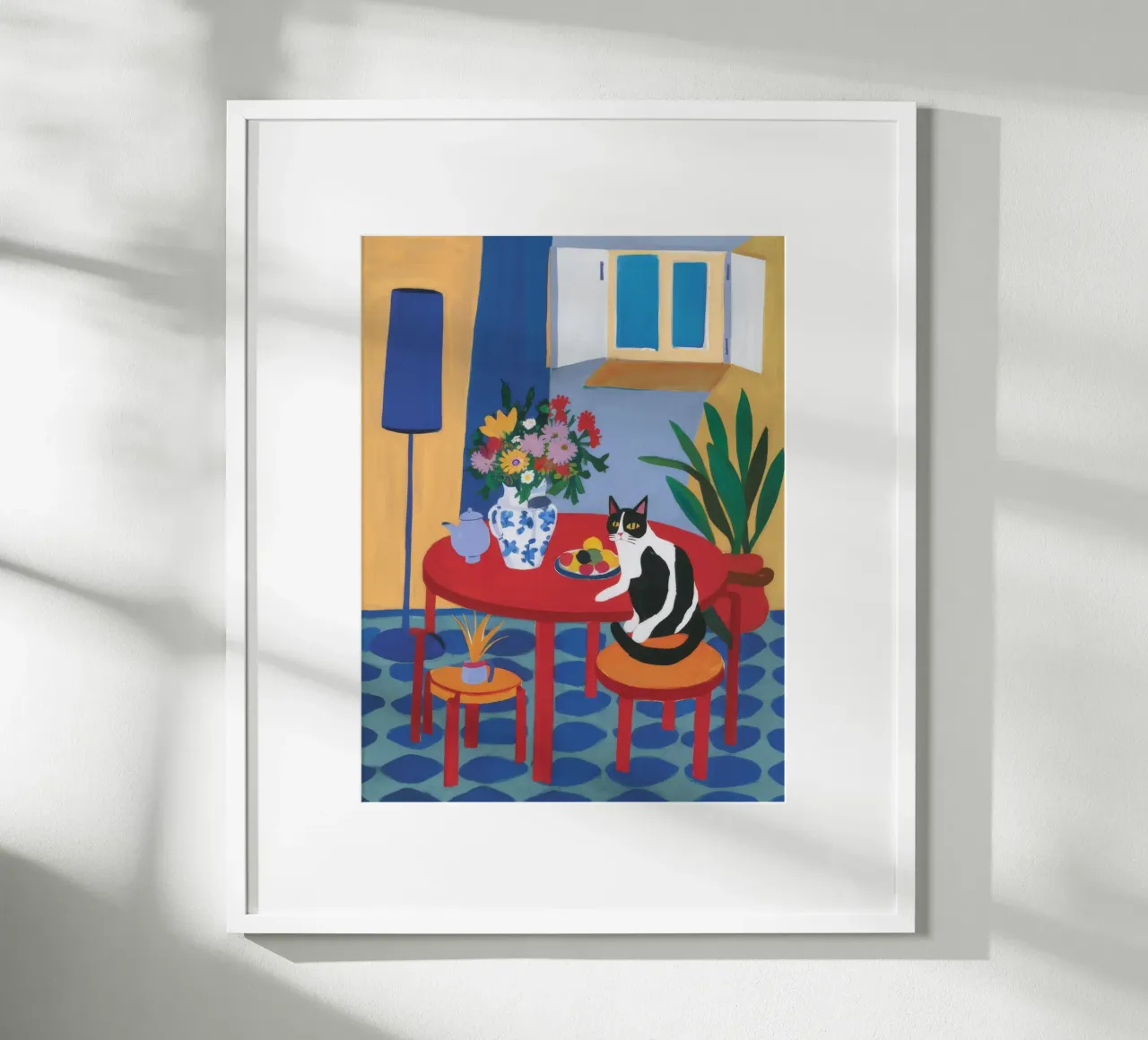 Vaso blu Sedia rossa poster con telaio in alluminio da FadeAura