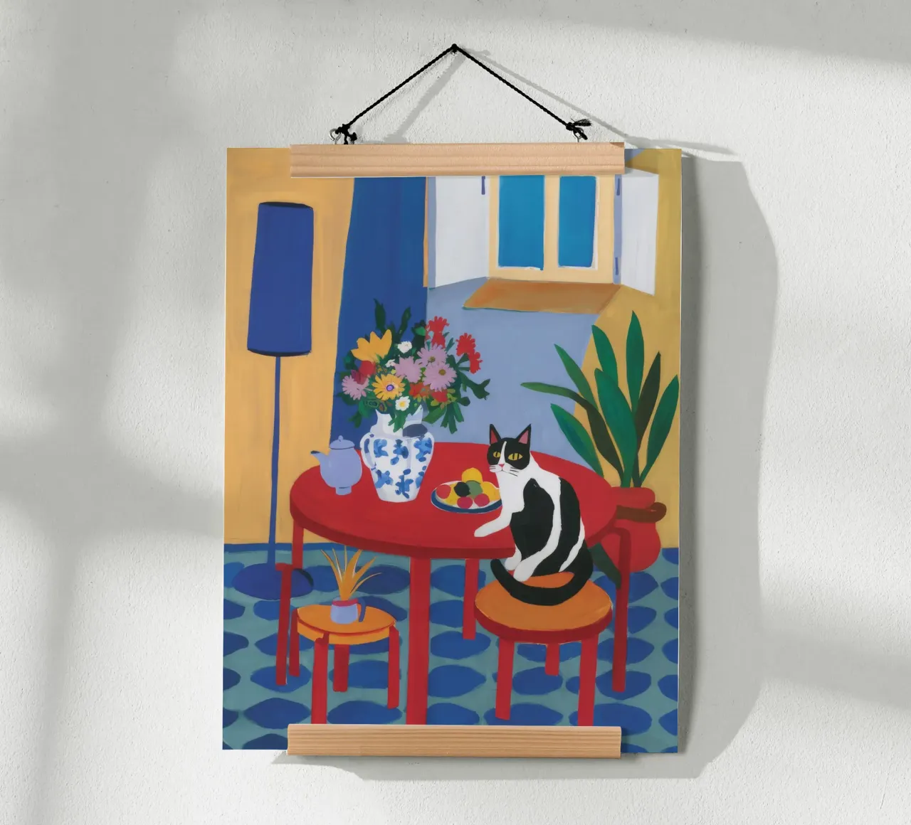 Vaso blu Sedia rossa poster con telaio in alluminio da FadeAura
