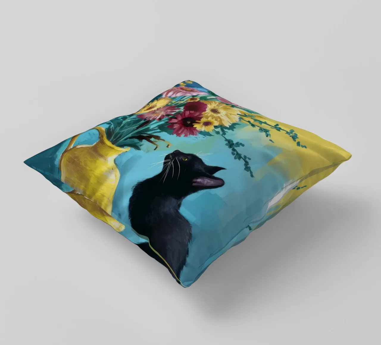 Gatto nero Fiori gialli cuscino da FadeAura