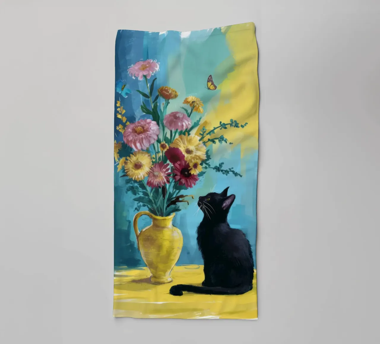 Chat noir Fleurs jaunes serviette de bain de FadeAura