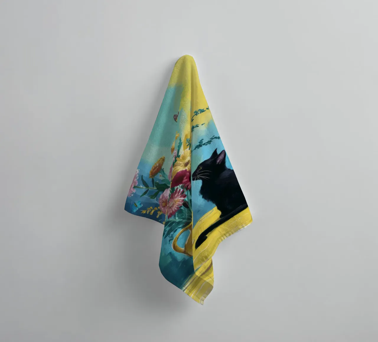 Chat noir Fleurs jaunes serviette de bain de FadeAura