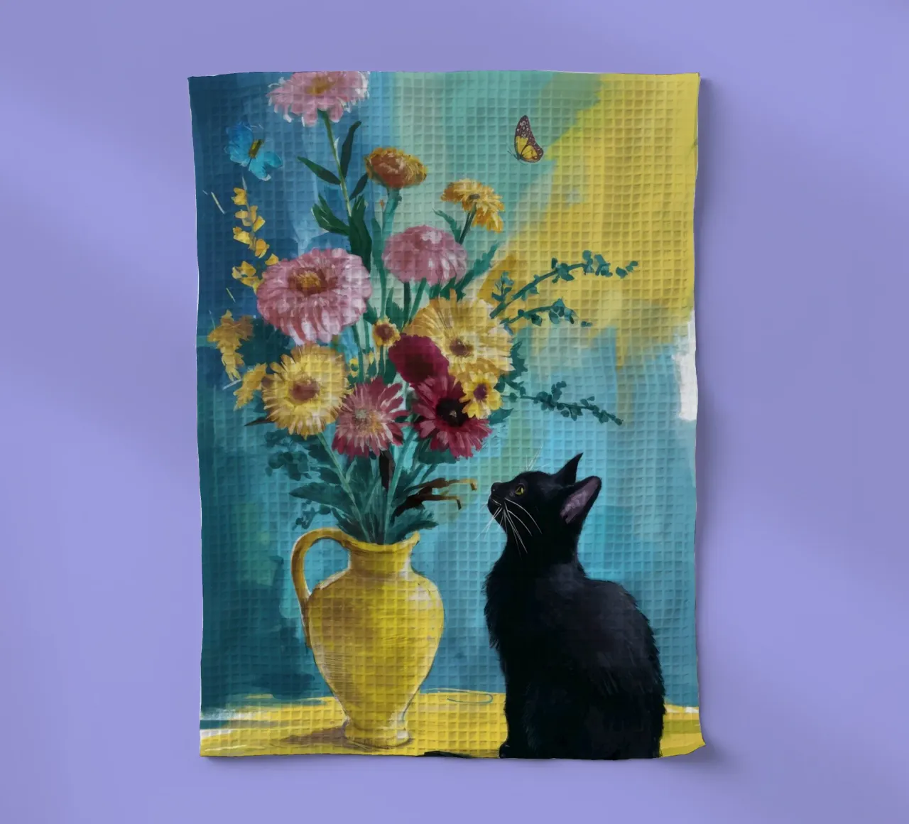 Gatto nero Fiori gialli canovaccio da cucina da FadeAura