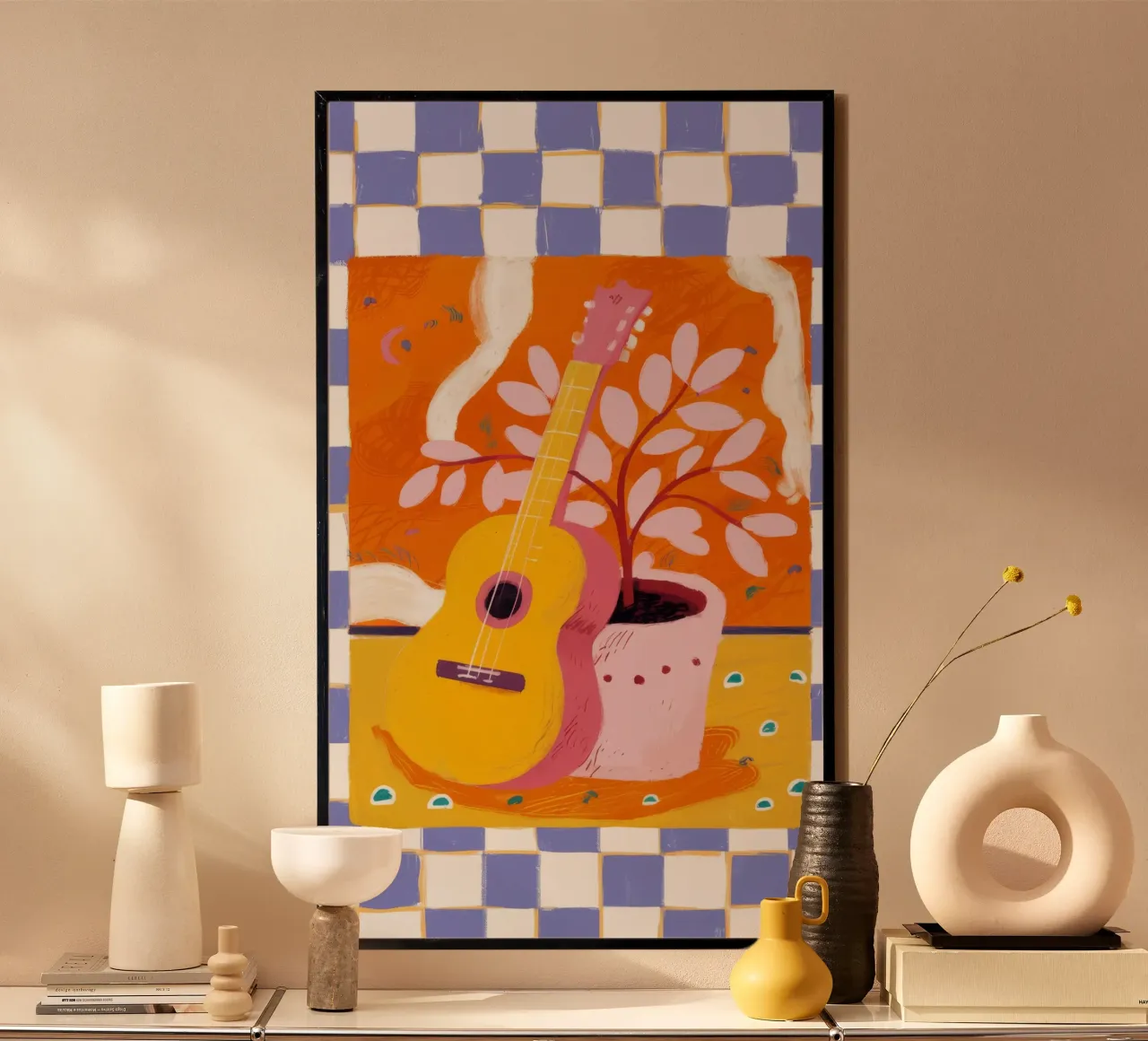 Collage a scacchi arancioni poster con telaio in plastica da Pan Denim