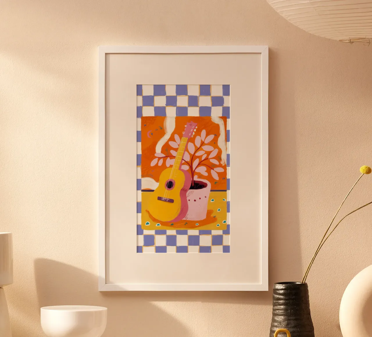 Collage a scacchi arancioni poster con telaio in plastica da Pan Denim