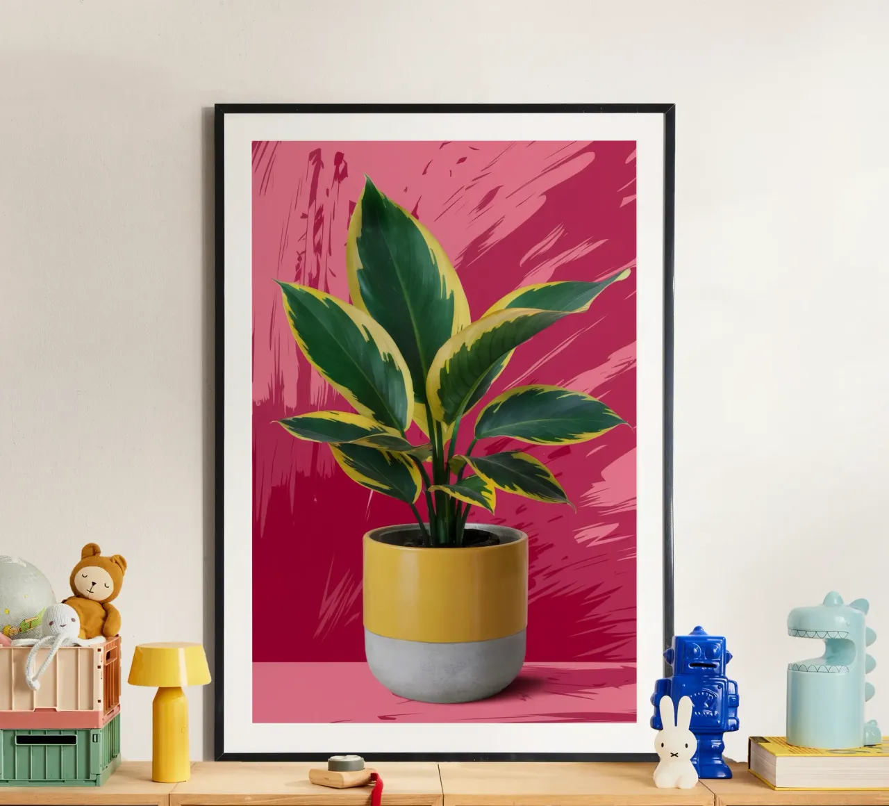 Pianta di gomma a parete rosa poster con telaio in legno da FadeAura