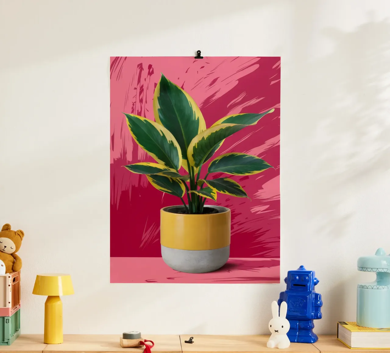 Pianta di gomma a parete rosa poster con telaio in legno da FadeAura