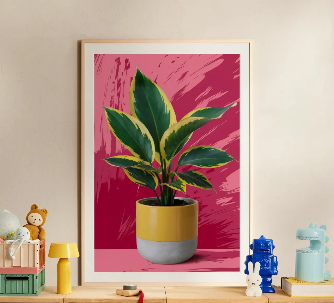 Pianta di gomma a parete rosa poster con telaio in legno da FadeAura