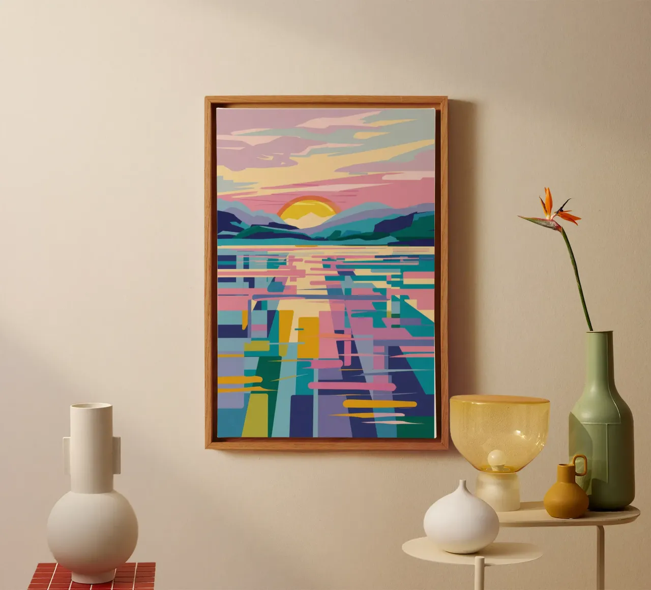 Abstract Zonsondergangmeer canvas met Baklijst van FadeAura