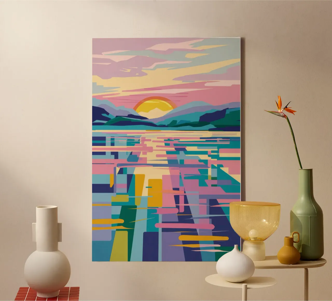 Abstract Zonsondergangmeer canvas met Baklijst van FadeAura
