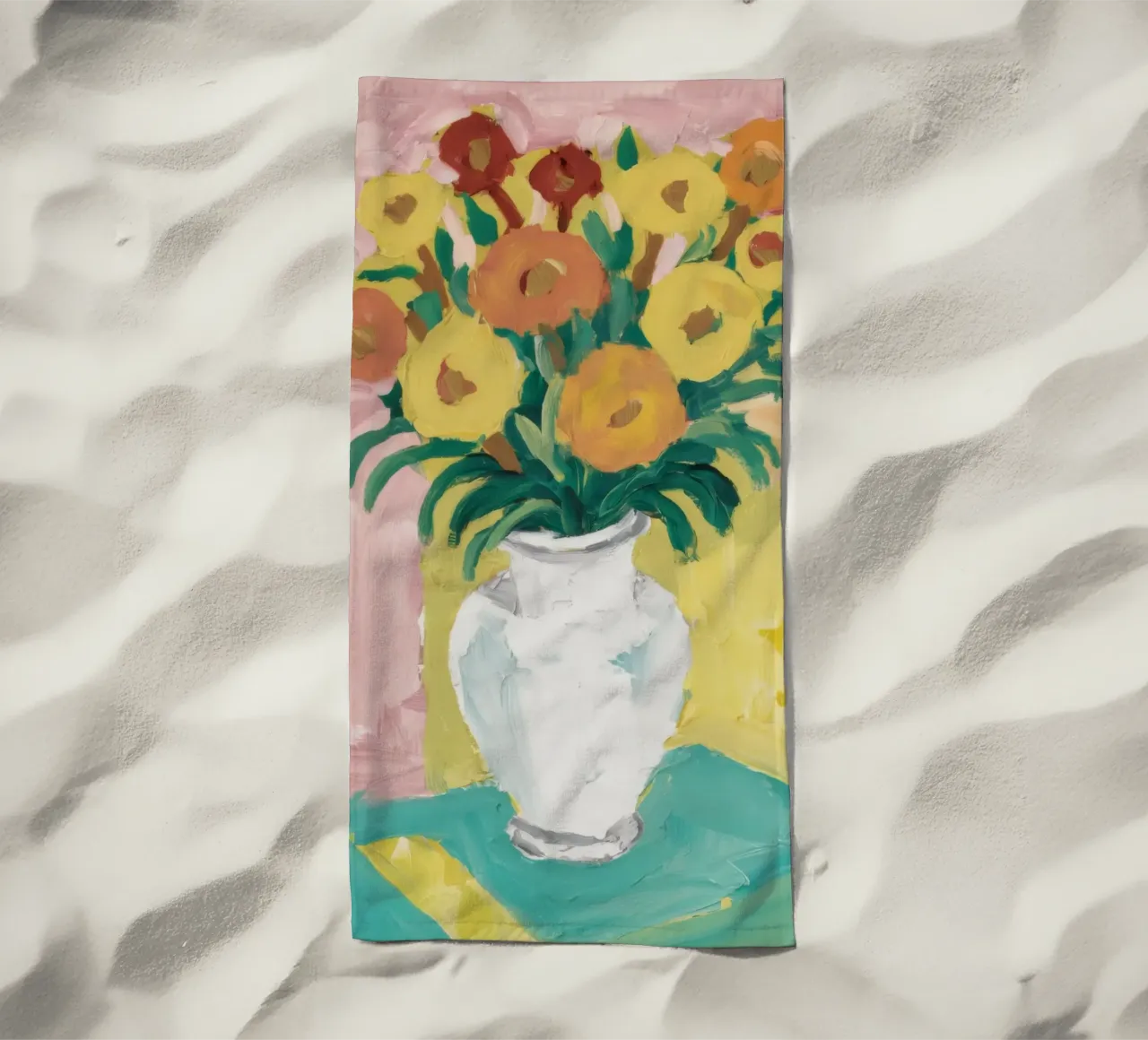 Fiori di campo in vaso bianco telo mare da Pan Denim