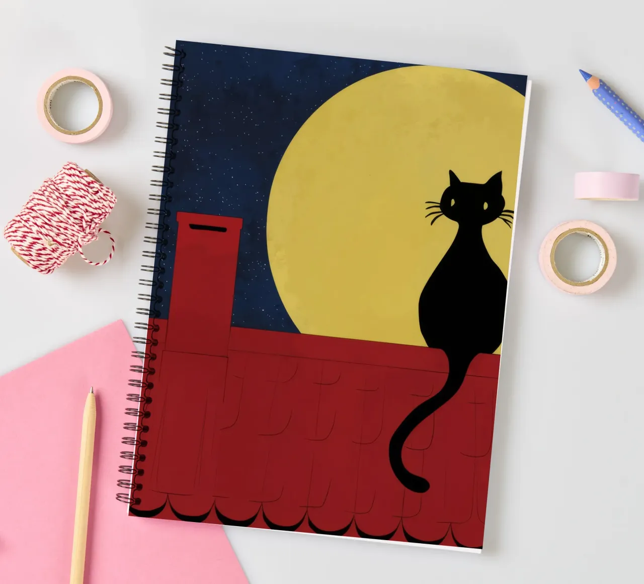 Rooftop Cat Moon spiral notebook by FadeAura