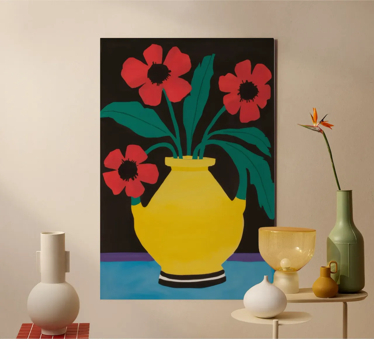 Vase jaune Fleurs rouges alu dibond de Haven Fantasy