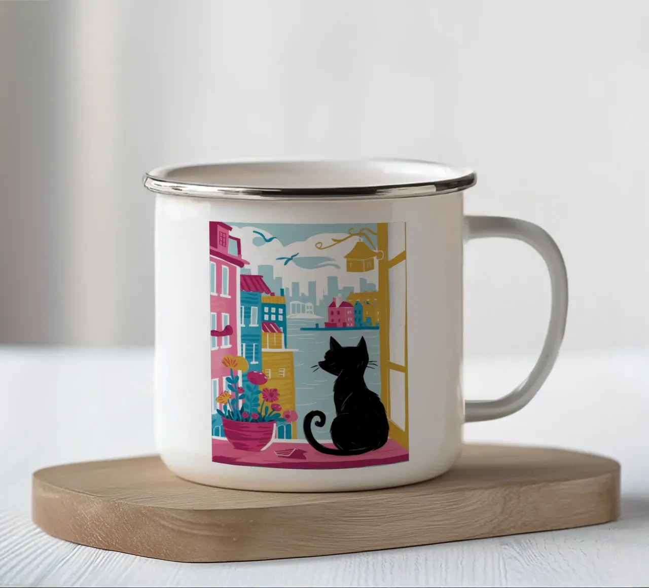 Gatto di città su un cornicione tazza in smalto da Stone Decade