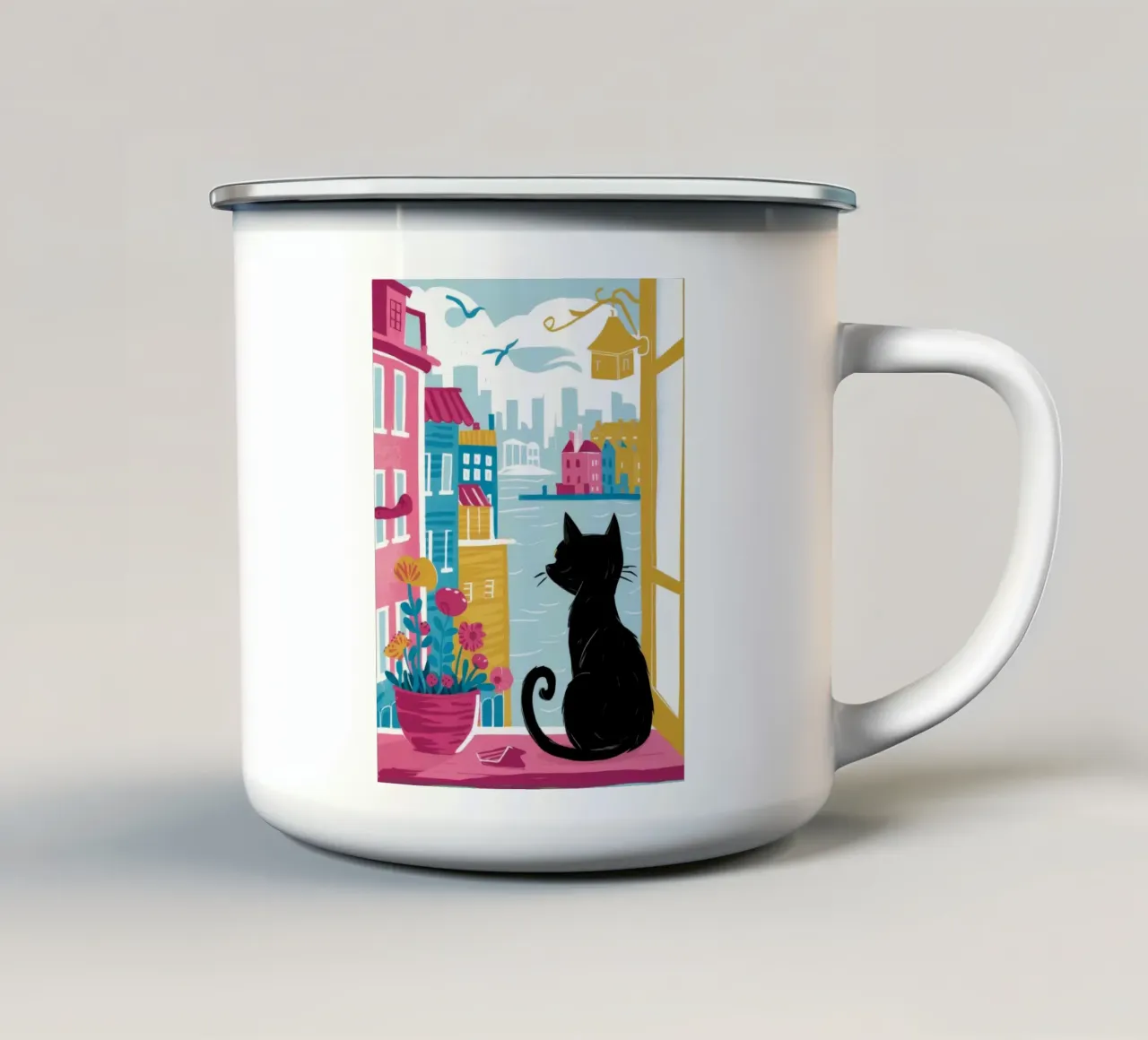 Gatto di città su un cornicione tazza in smalto da Stone Decade