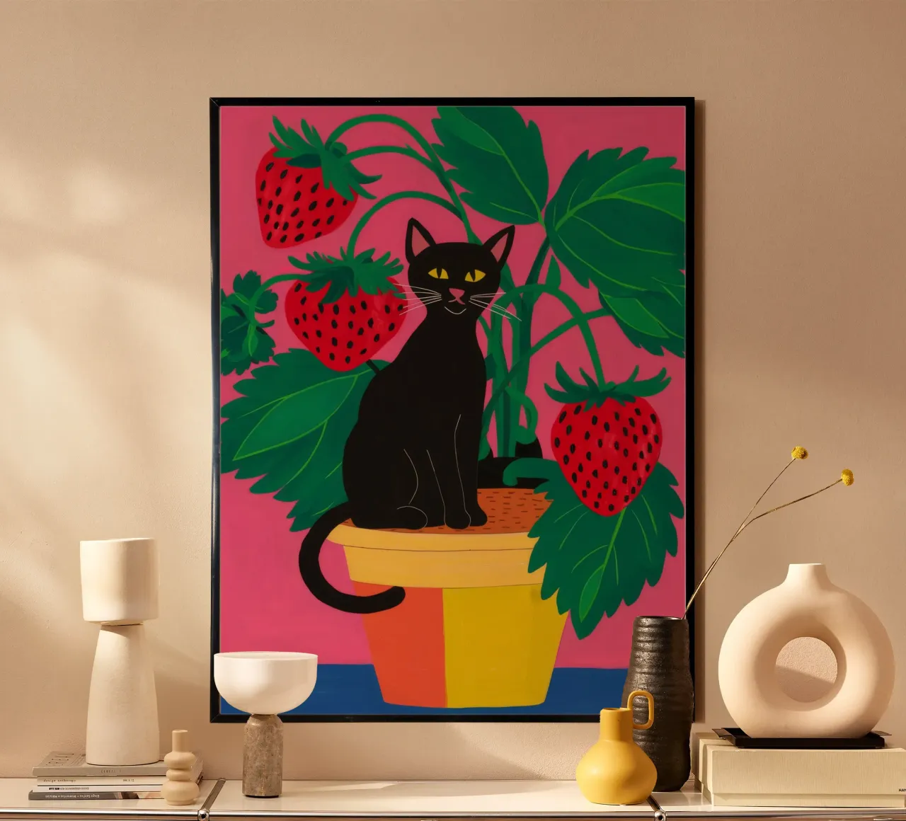 Vaso per gatti alla fragola poster con telaio in legno da Stone Decade