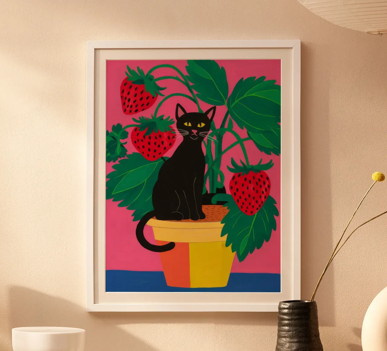 Vaso per gatti alla fragola poster con telaio in legno da Stone Decade