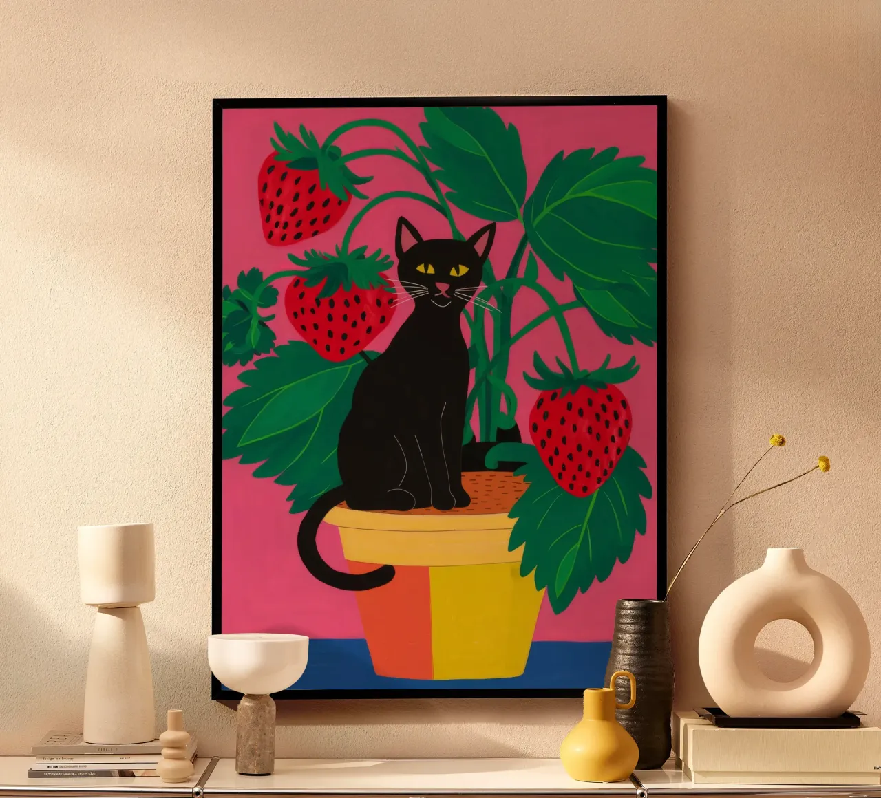 Vaso per gatti alla fragola poster con telaio in legno da Stone Decade
