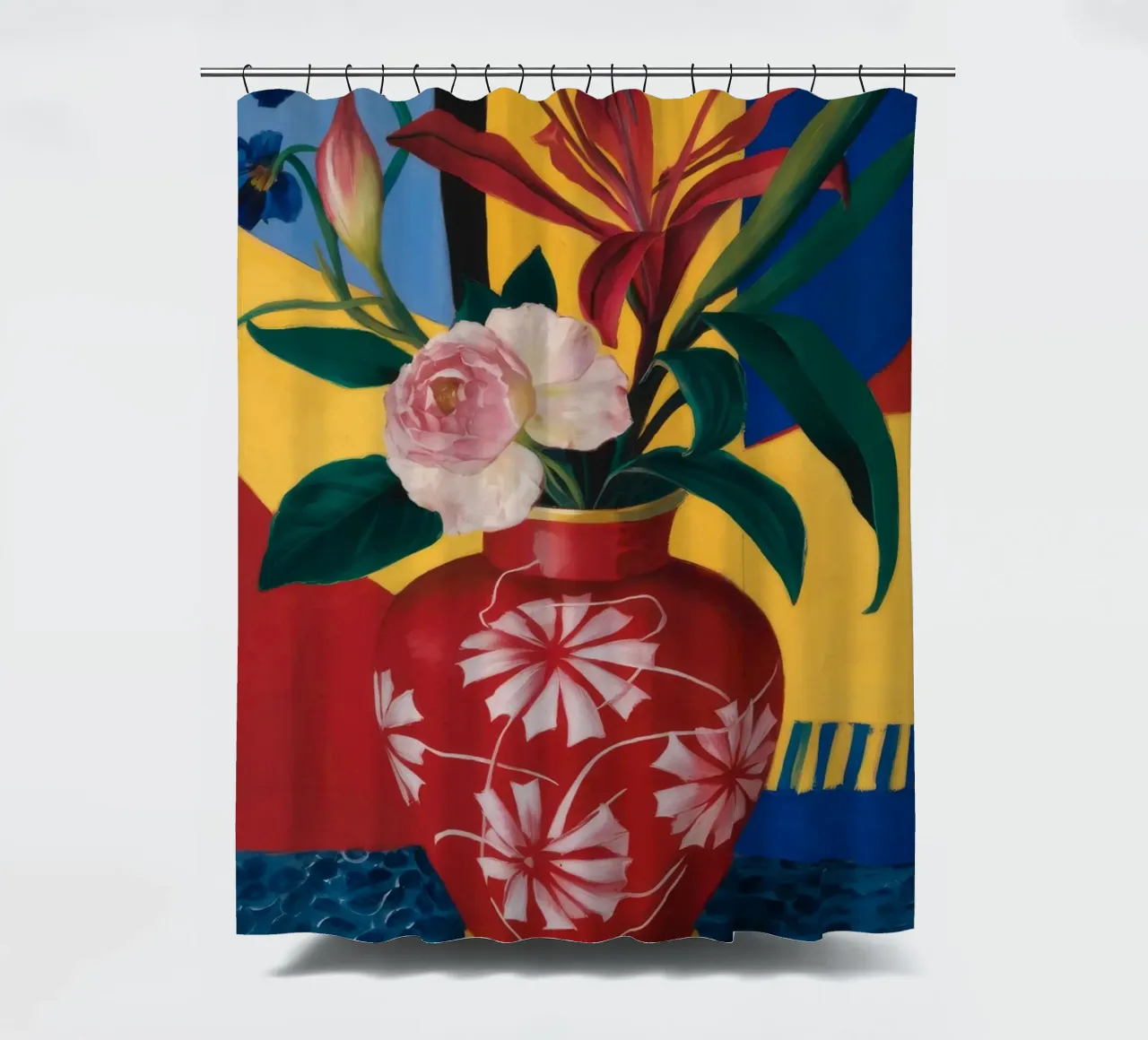 Vaso cremisi in fiore tenda da doccia da Pan Denim