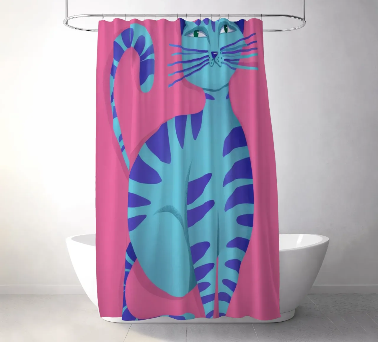 Blau getigerte rosa Katze Duschvorhang von Stone Decade