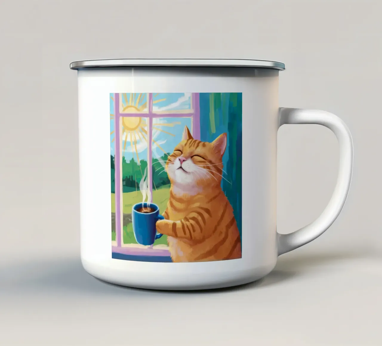 Gatto arancione illuminato dal sole tazza in smalto da FadeAura
