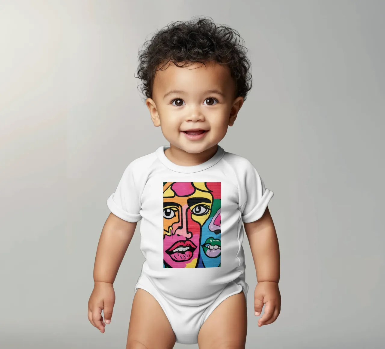 Psychedelic Face Fusion short-sleeve baby romper by FadeAura