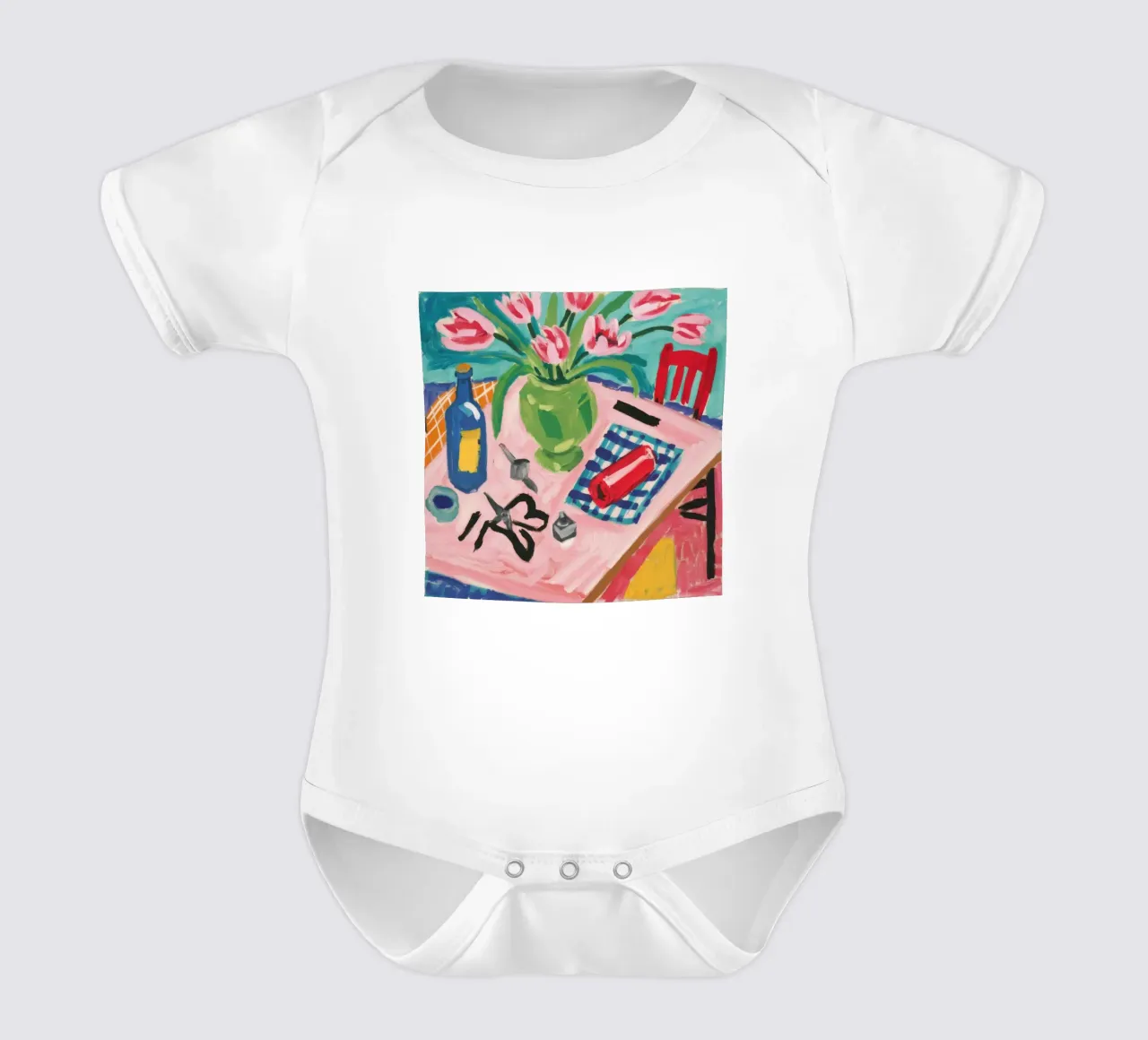 Tulip Tabletop View short-sleeve baby romper by Pan Denim