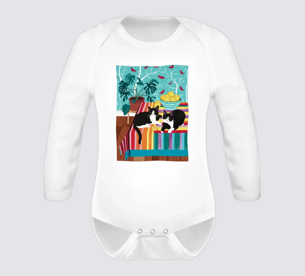 Tuxedo Cat Garden Party long-sleeve baby romper by Stone Decade