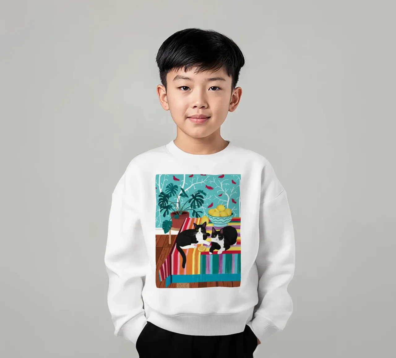Tuxedo Cat Garden Party kids sweatshirt by Stone Decade