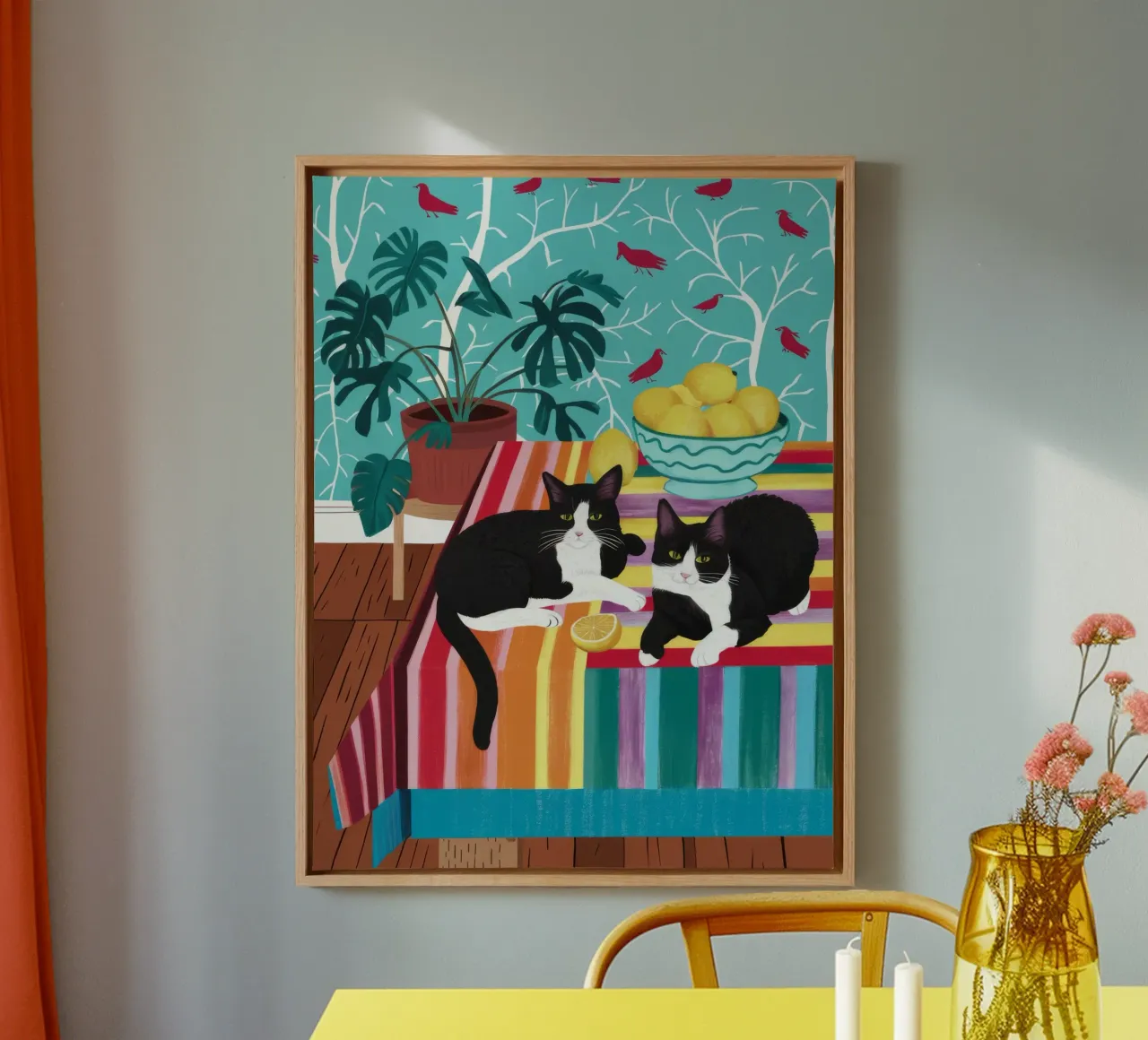 Tuxedo Cat Garden Party canvas van Stone Decade