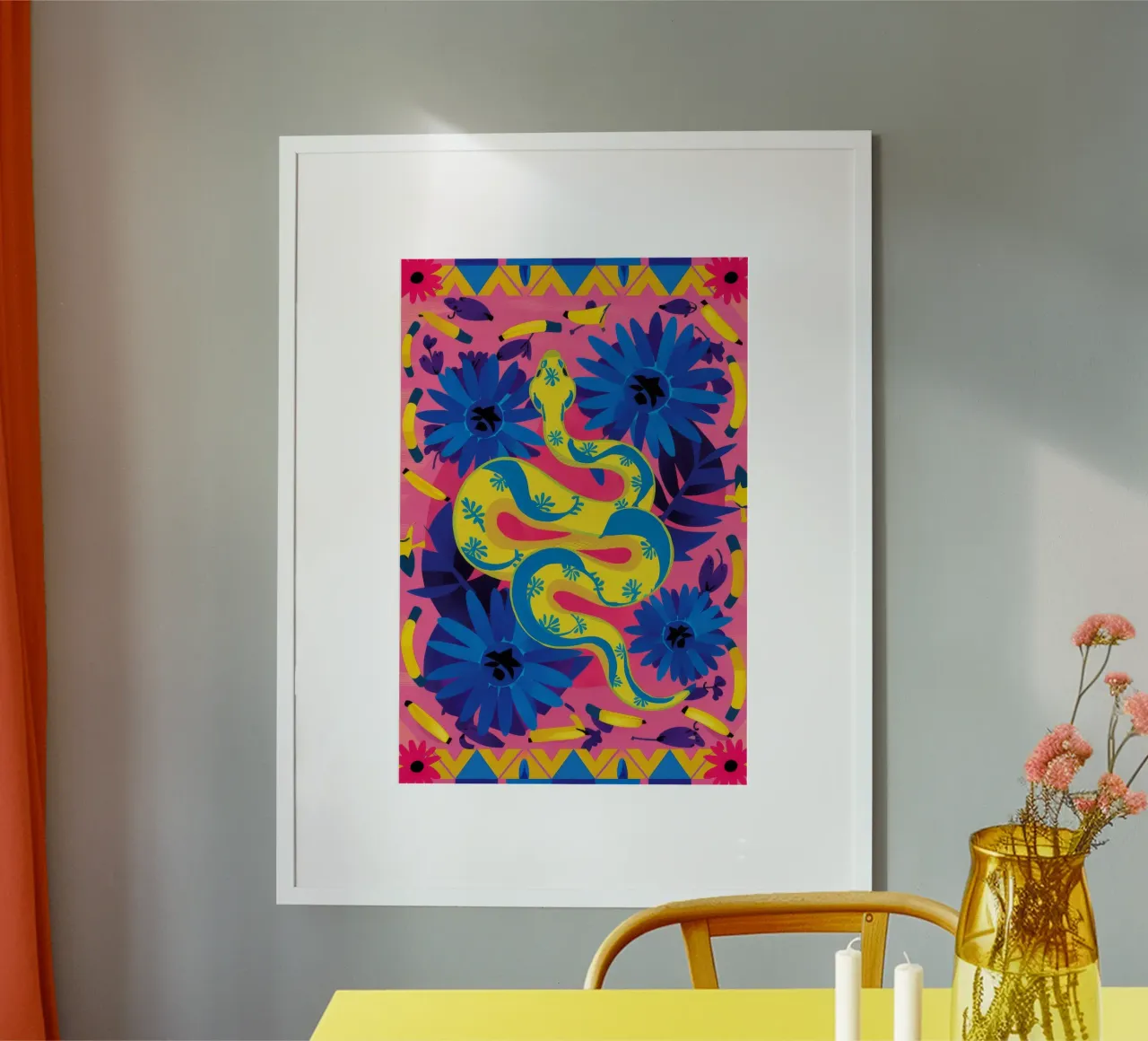 Fiore blu psichedelico poster con telaio in legno da Stone Decade