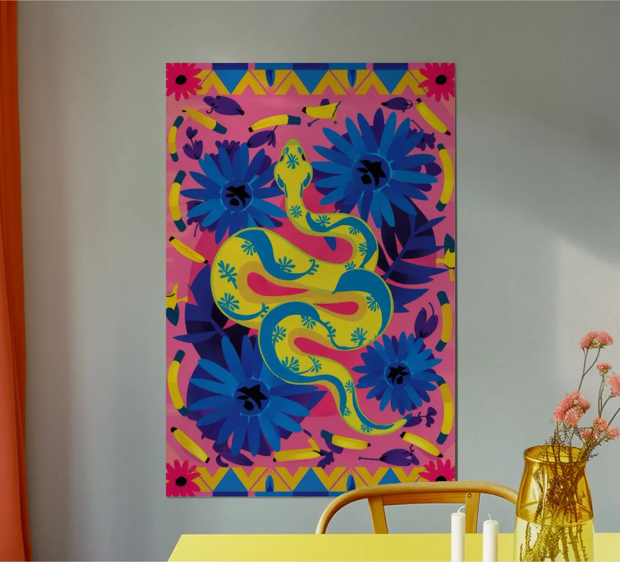 Fiore blu psichedelico poster con telaio in legno da Stone Decade
