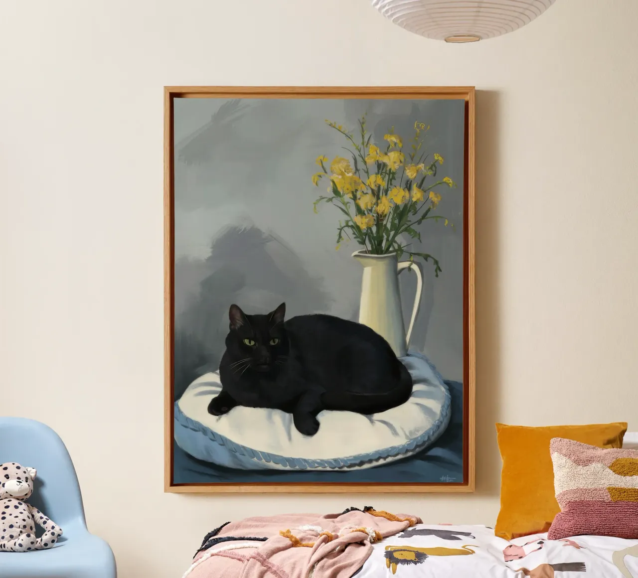 Gatto grigio Cuscino bianco tela con Cornice a cassetta da FadeAura