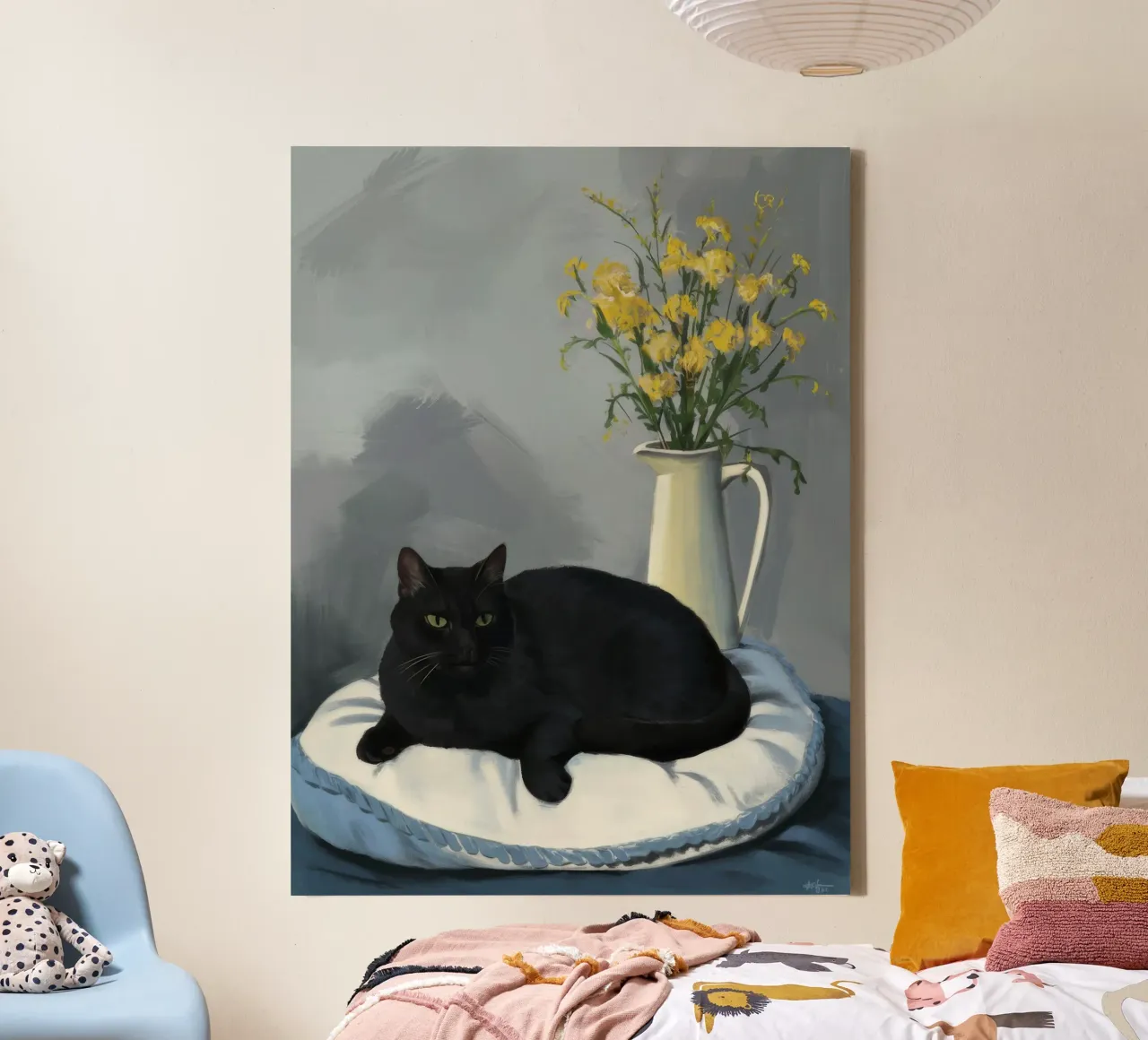 Gatto grigio Cuscino bianco tela con Cornice a cassetta da FadeAura