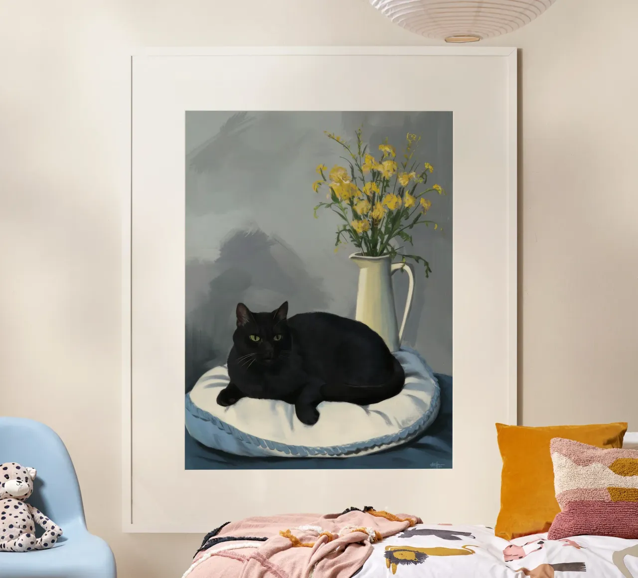 Gatto grigio Cuscino bianco poster con telaio in alluminio da FadeAura