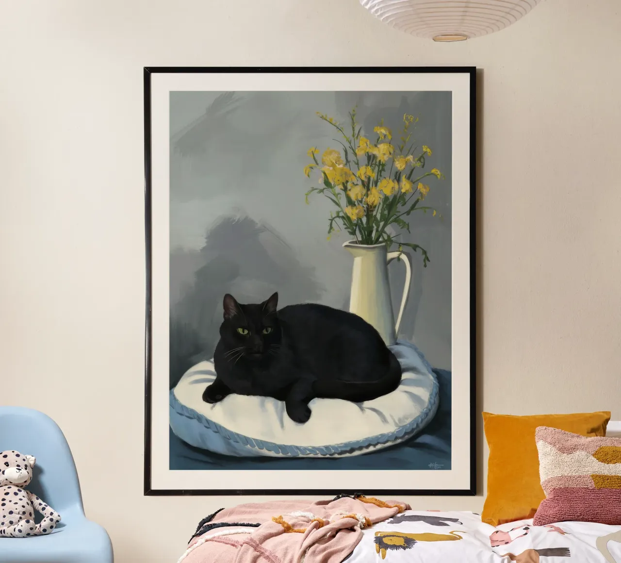 Gatto grigio Cuscino bianco poster con telaio in alluminio da FadeAura