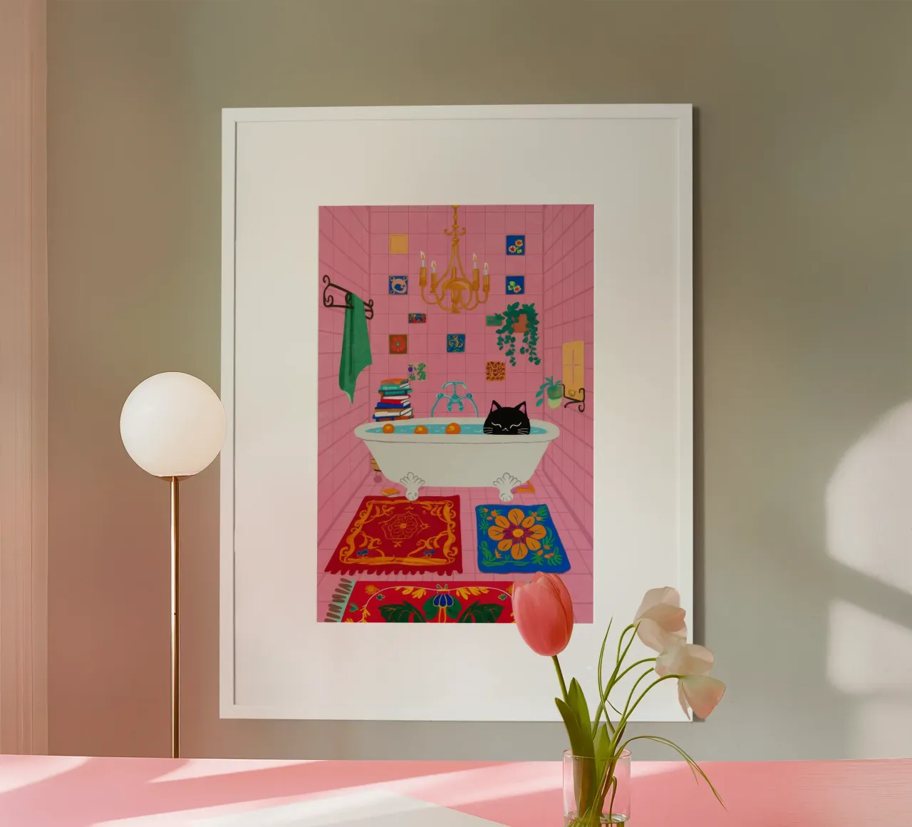 Gatto da bagno in piastrelle rosa poster con telaio in legno da Stone Decade