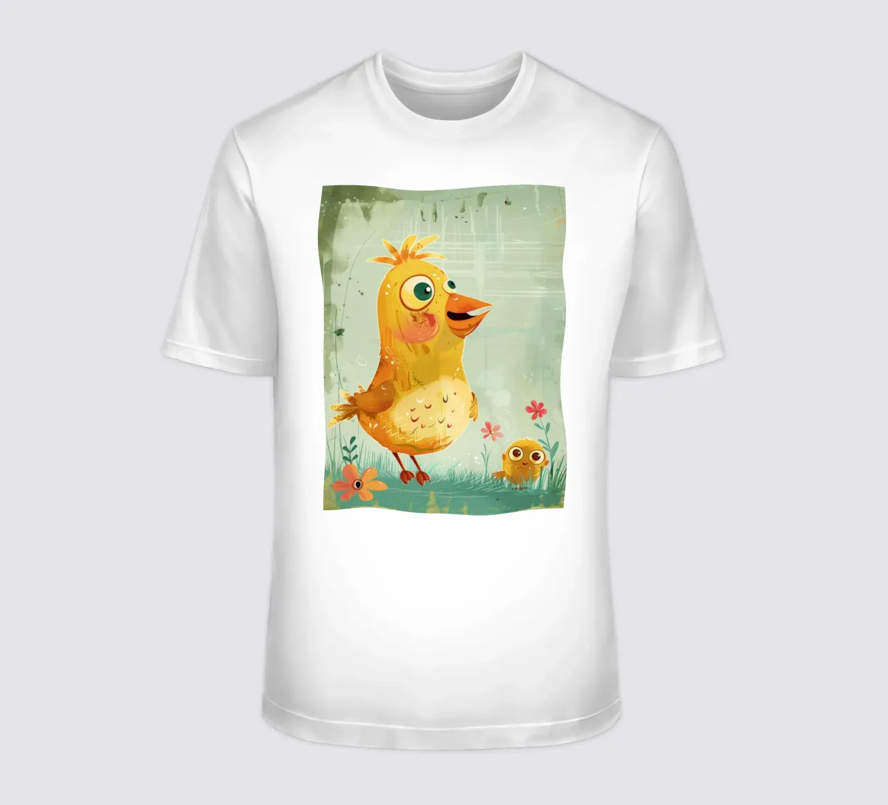 A cute, cheerful fluffy little chick standing happily t-shirt by DesignDoodle