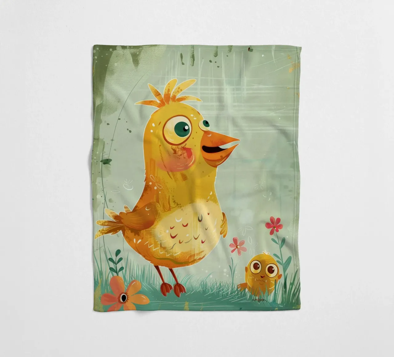Un grazioso e allegro pulcino di peluche in piedi felicemente coperta in pile da DesignDoodle
