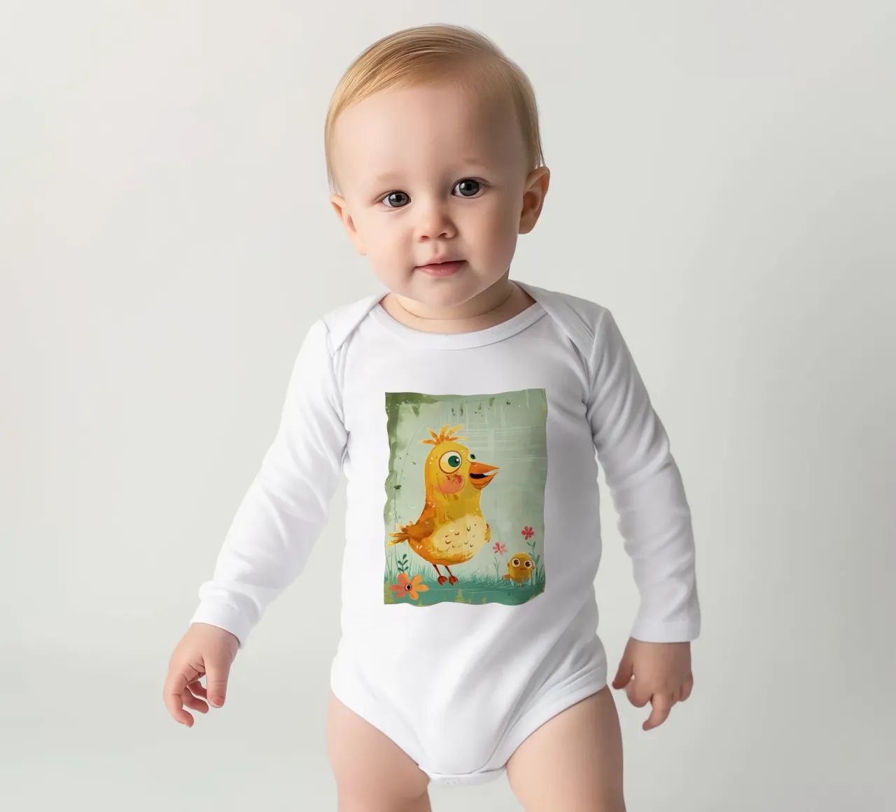 A cute, cheerful fluffy little chick standing happily long-sleeve baby romper by DesignDoodle
