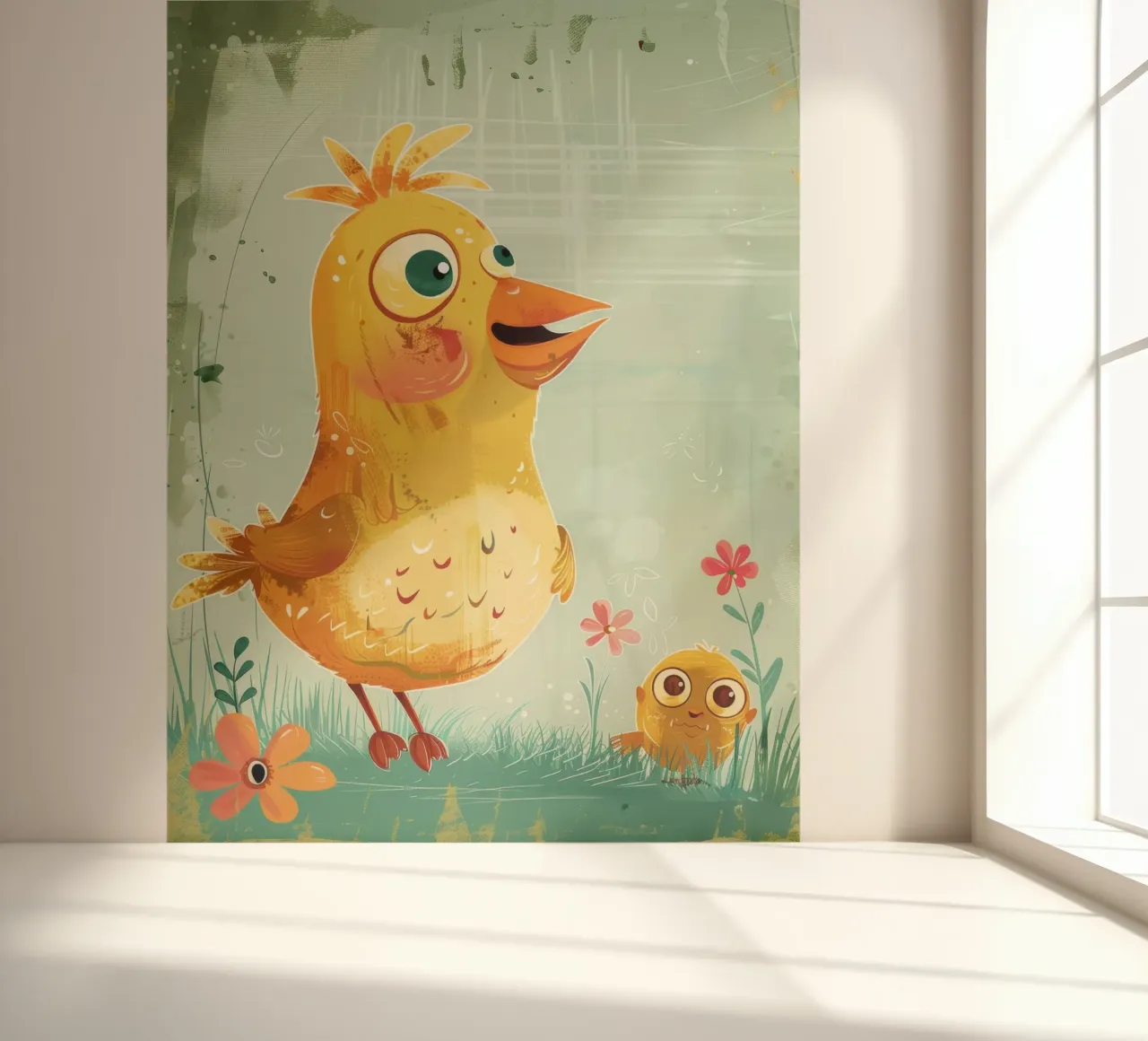 A cute, cheerful fluffy little chick standing happily photo wallpaper by DesignDoodle