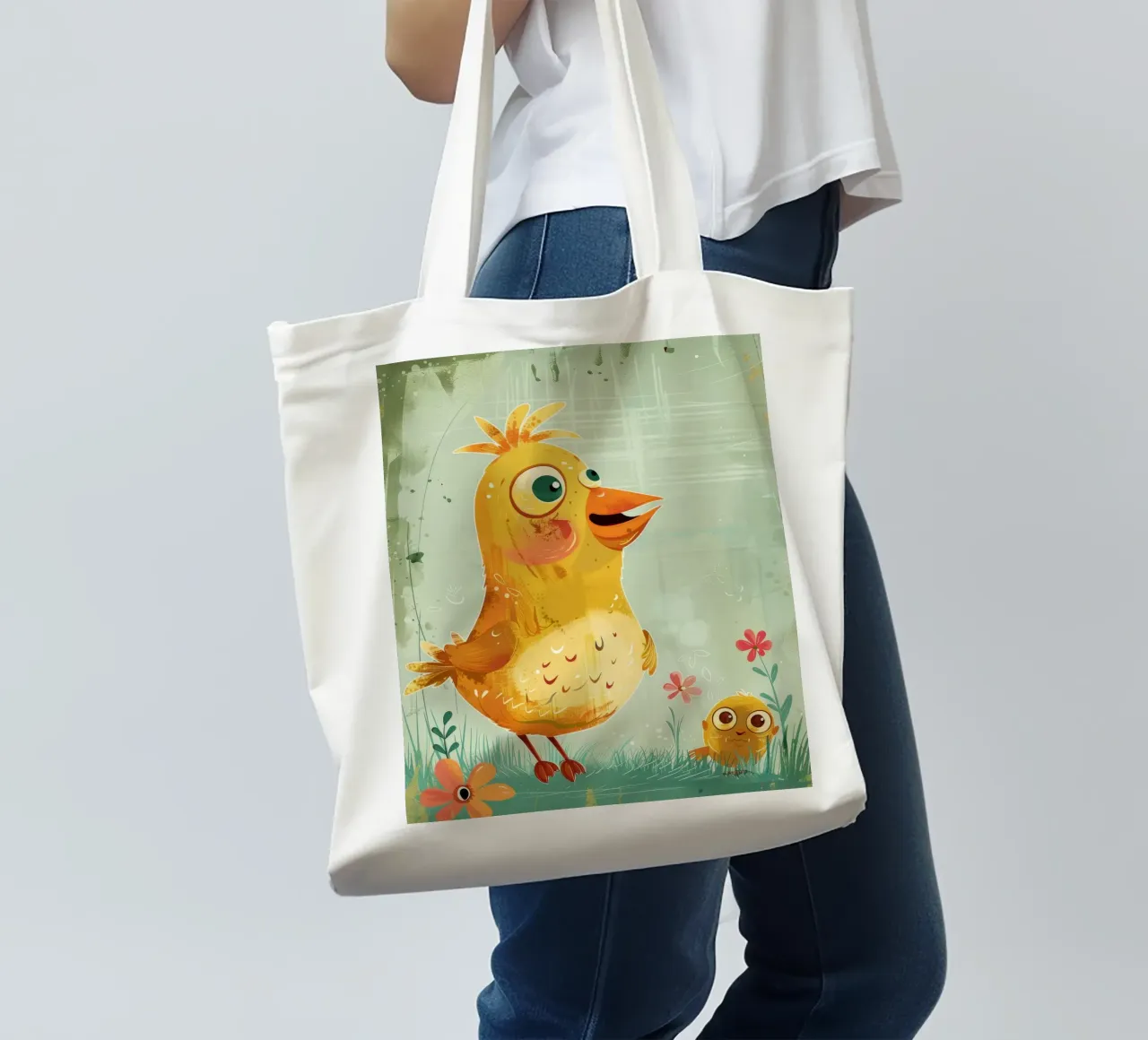 Un grazioso e allegro pulcino di peluche in piedi felicemente borsa in juta da DesignDoodle