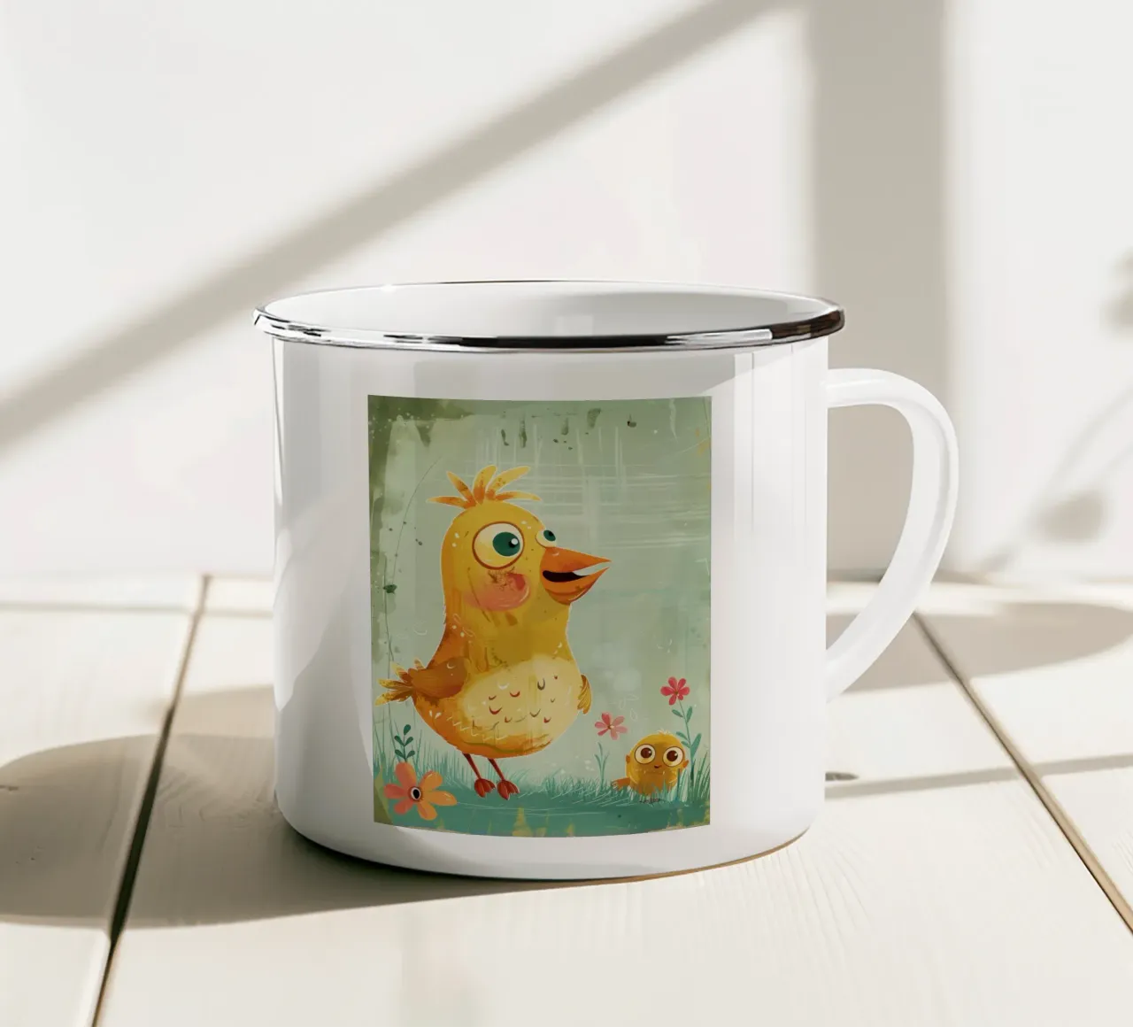 Un grazioso e allegro pulcino di peluche in piedi felicemente tazza in smalto da DesignDoodle