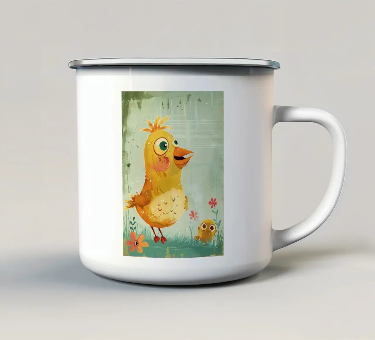 Un grazioso e allegro pulcino di peluche in piedi felicemente tazza in smalto da DesignDoodle