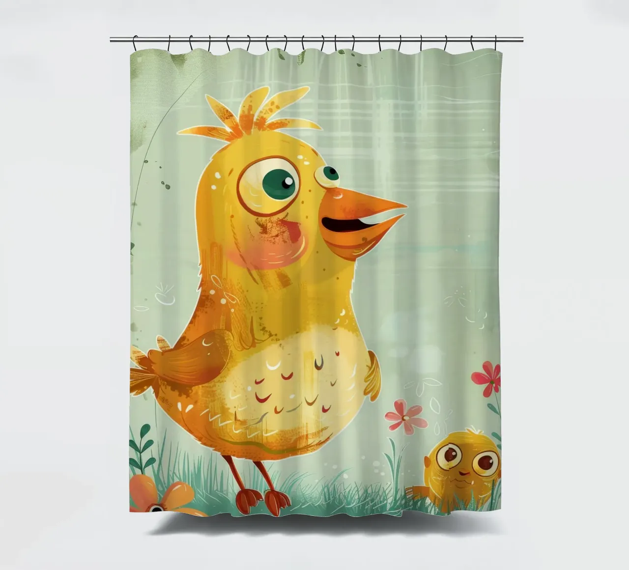 A cute, cheerful fluffy little chick standing happily shower curtain by DesignDoodle