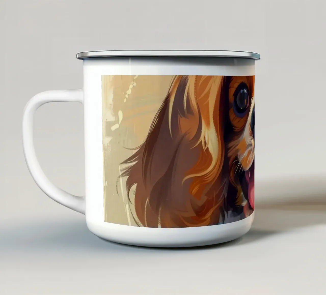 A sweet and heartwarming Cavalier King Charles Spaniel puppy enamel mug by DesignDoodle
