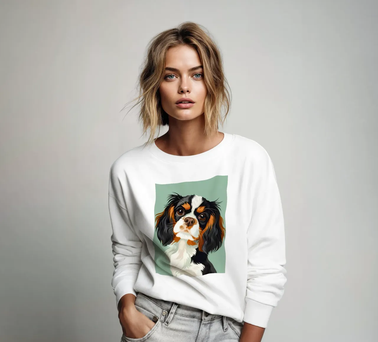 expressive closeup of Cavalier King Charles Spaniel sweatshirt by DesignDoodle
