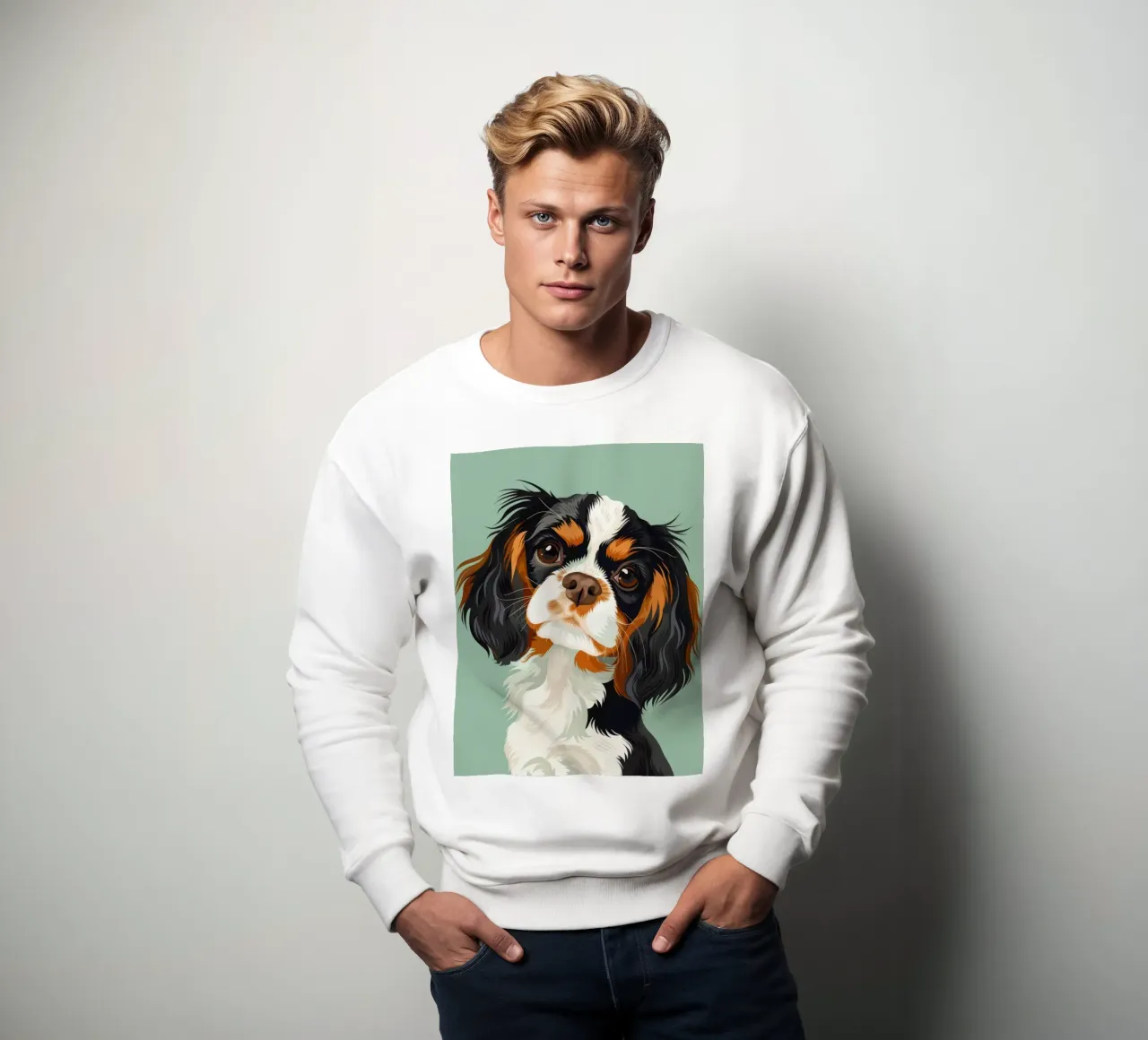 expressive closeup of Cavalier King Charles Spaniel sweatshirt by DesignDoodle