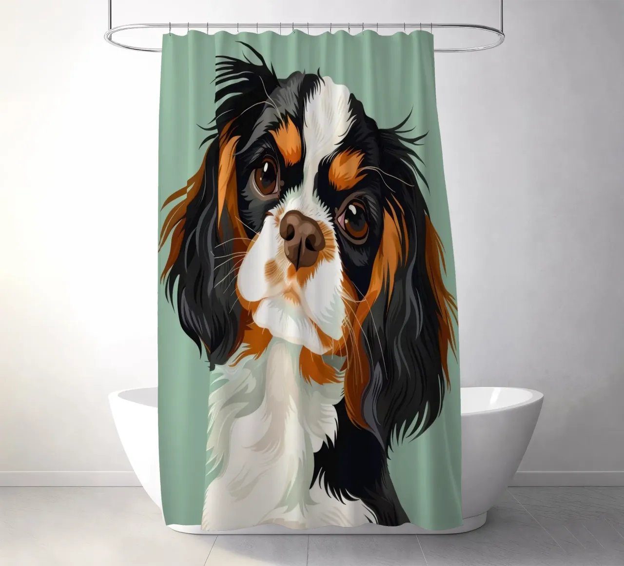 expressive closeup of Cavalier King Charles Spaniel shower curtain by DesignDoodle